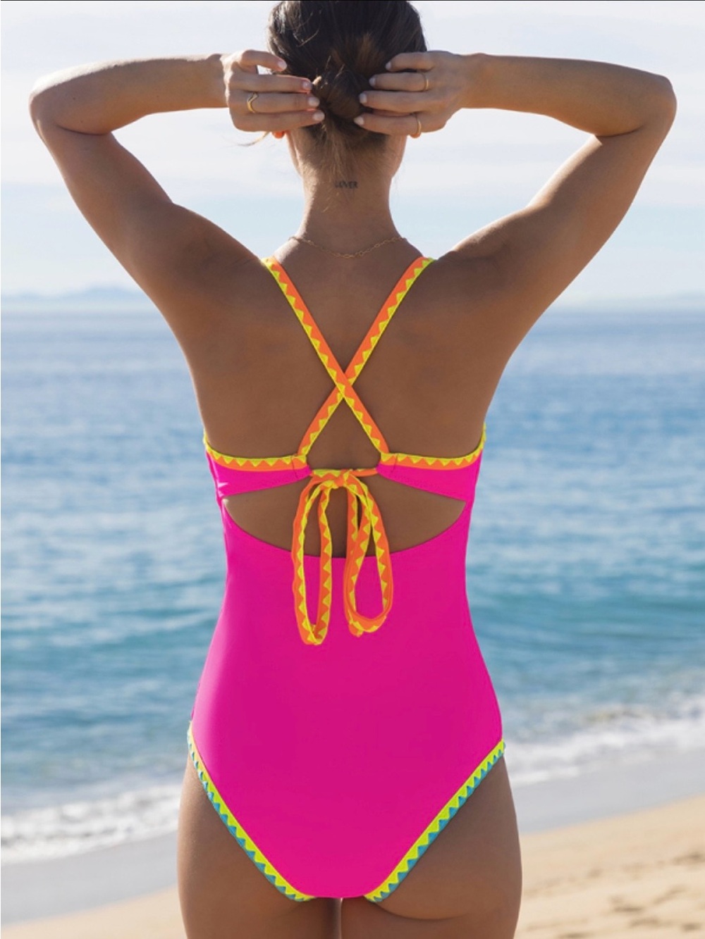 Popvil. Shell Trim Front Strappy Back Tie Hotpink One Piece Swimsuit - Picture 6 of 6